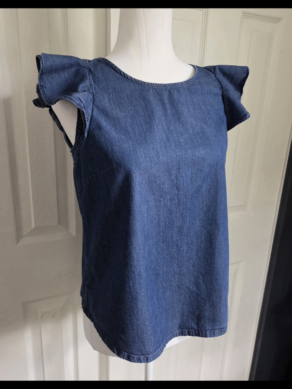 J. Crew Mercantile Blue Denim Chambray Ruffle Cap Sleeve Cotton Top, Women's 2